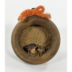 Vintage 1970s Handmade Mushroom Ornament Rustic Wood & Burlap 3" Tall Decor